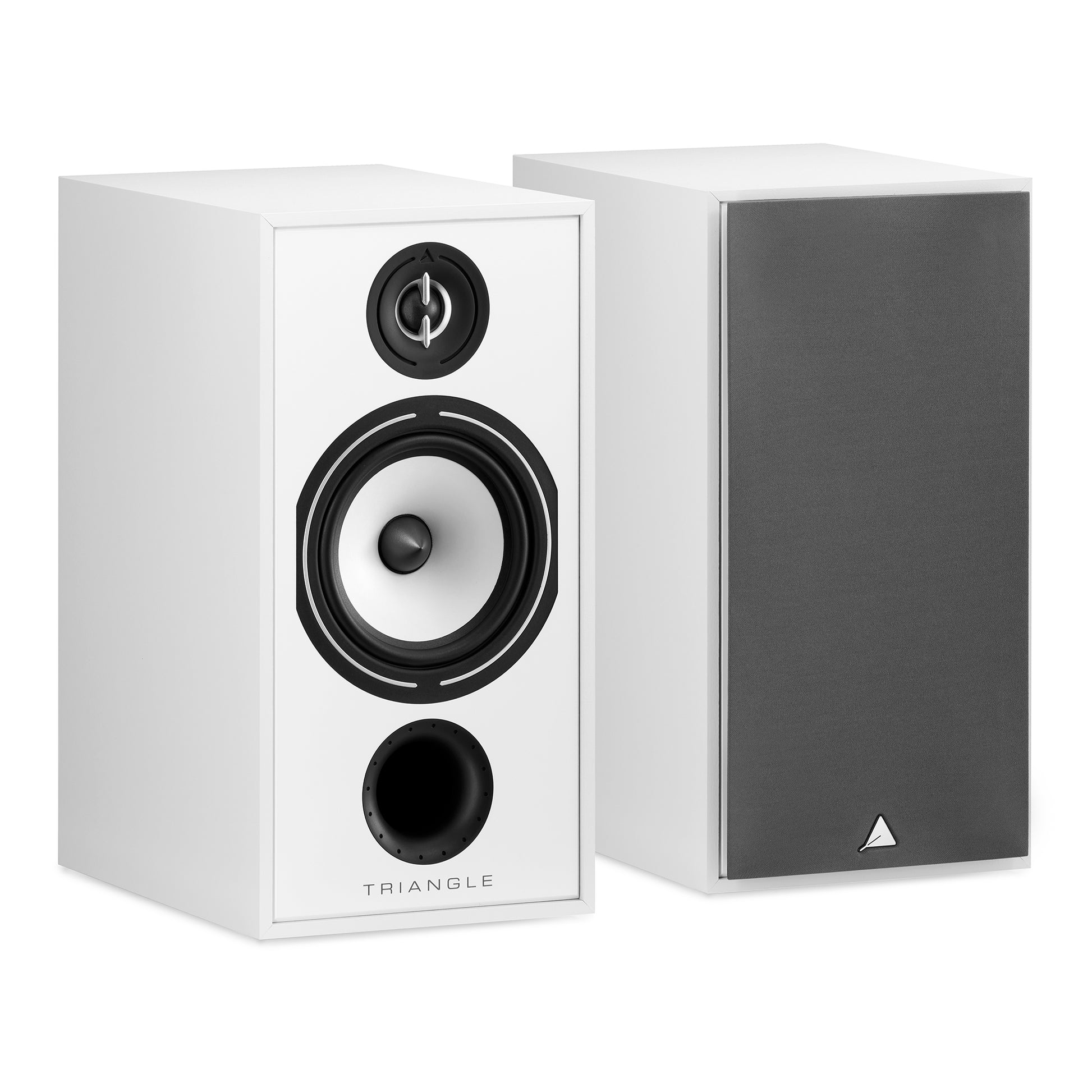 White speakers with black accents on a white background