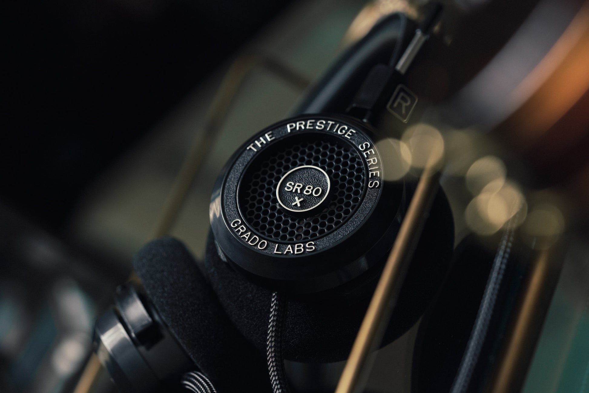 Grado Labs SR80x Headphones on Brass Cart